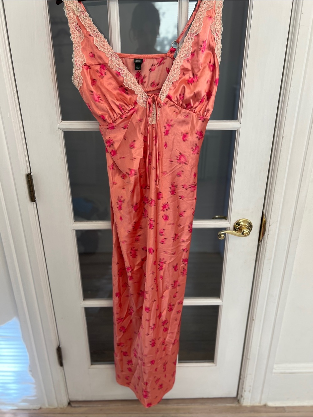 WILD FABLE Women's Pink Floral Satin Lace Trim Long Night Gown Size XL